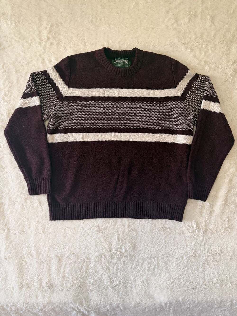 American Eagle Mens Large Burgundy Striped Knit Crewneck Sweater Pullover